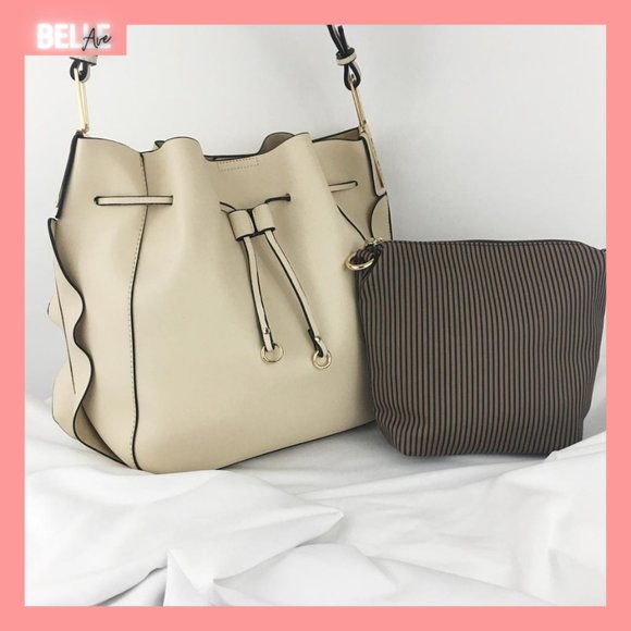 None Handbags - Ruffled Drawstring Bucket Hobo w/ makeup bag